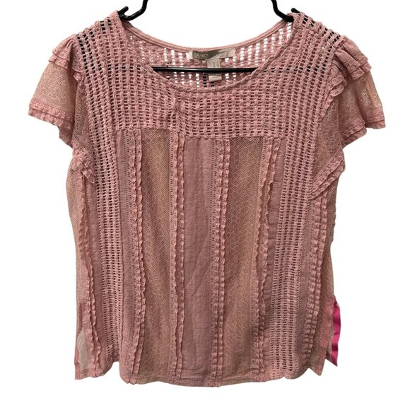 Forever 21 Pink Sheer Cap Sleeve Baby Doll Lace Knit Textured Top Sz Medium - Picture 1 of 9